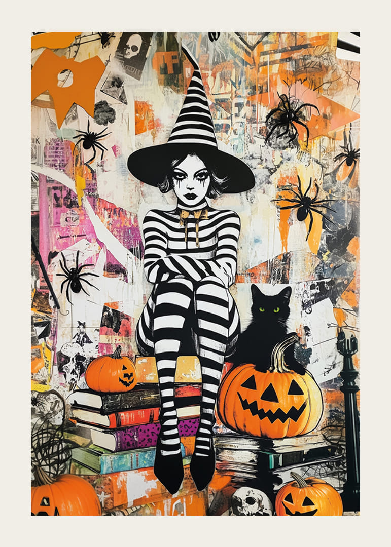 Mystisk häxa omgiven av pumpor och spindlar skapar Halloween-stämning-12