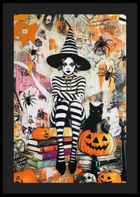 Mystisk häxa omgiven av pumpor och spindlar skapar Halloween-stämning-4