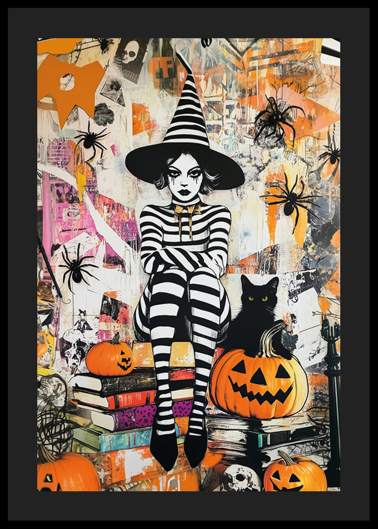 Mystisk häxa omgiven av pumpor och spindlar skapar Halloween-stämning-12