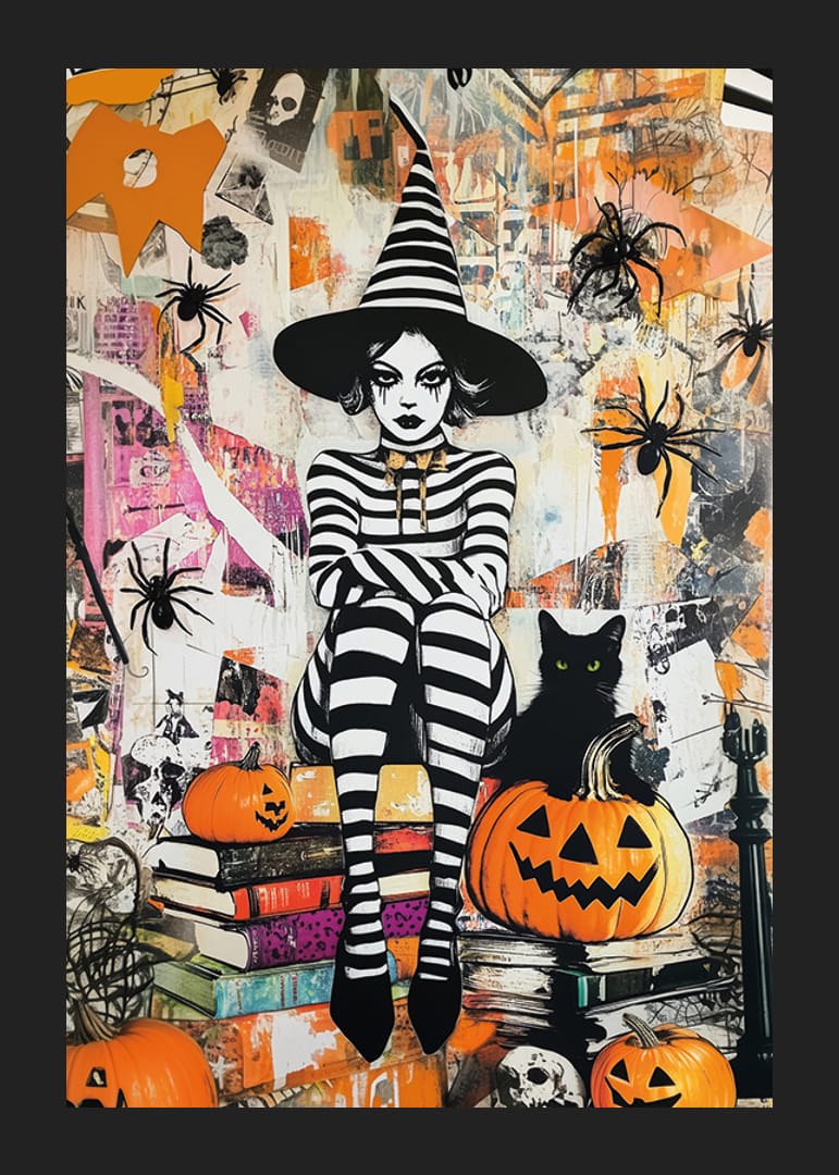 Mystisk häxa omgiven av pumpor och spindlar skapar Halloween-stämning-12