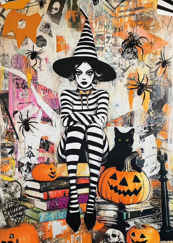 Tajomná čarodejnica obklopená tekvicami a pavúkmi vytvára halloweensku atmosféru-12