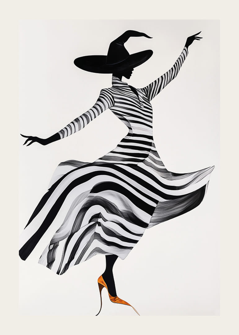 Dansande siluett klädd i magiskt randmönster och dramatisk hatt-12