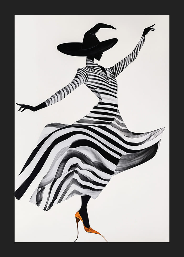 Dansande siluett klädd i magiskt randmönster och dramatisk hatt-12