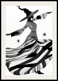 An elegant witch in black and white magically sweeps across the landscape-2