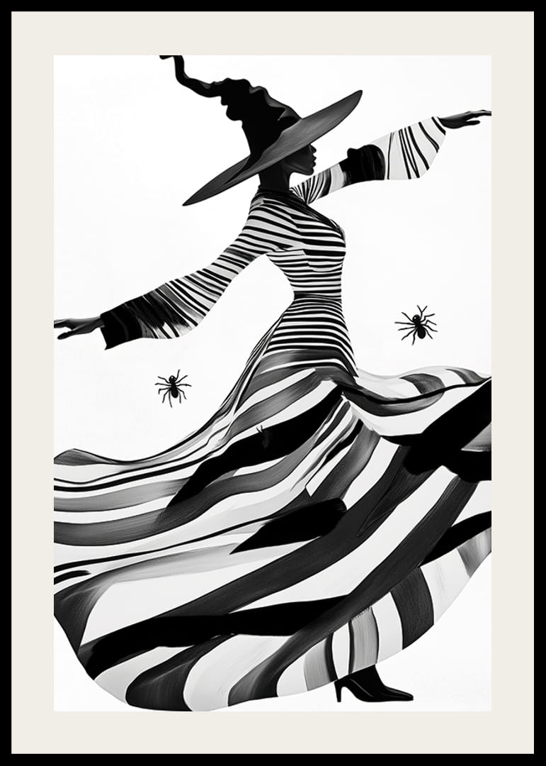 An elegant witch in black and white magically sweeps across the landscape-12