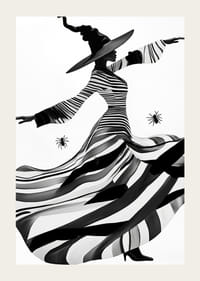 An elegant witch in black and white magically sweeps across the landscape-3