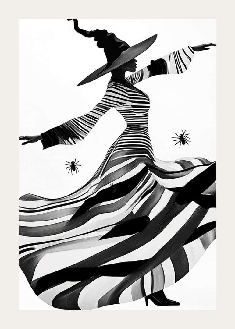 An elegant witch in black and white magically sweeps across the landscape-12