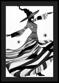 An elegant witch in black and white magically sweeps across the landscape-4