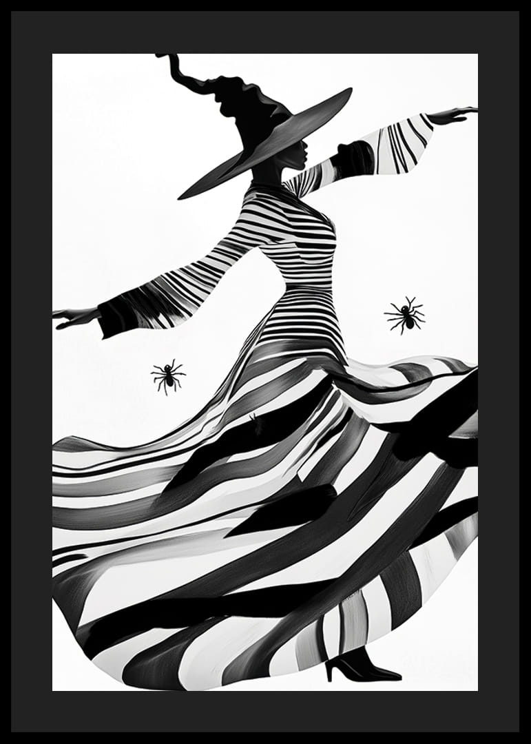 An elegant witch in black and white magically sweeps across the landscape-12