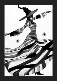 An elegant witch in black and white magically sweeps across the landscape-5
