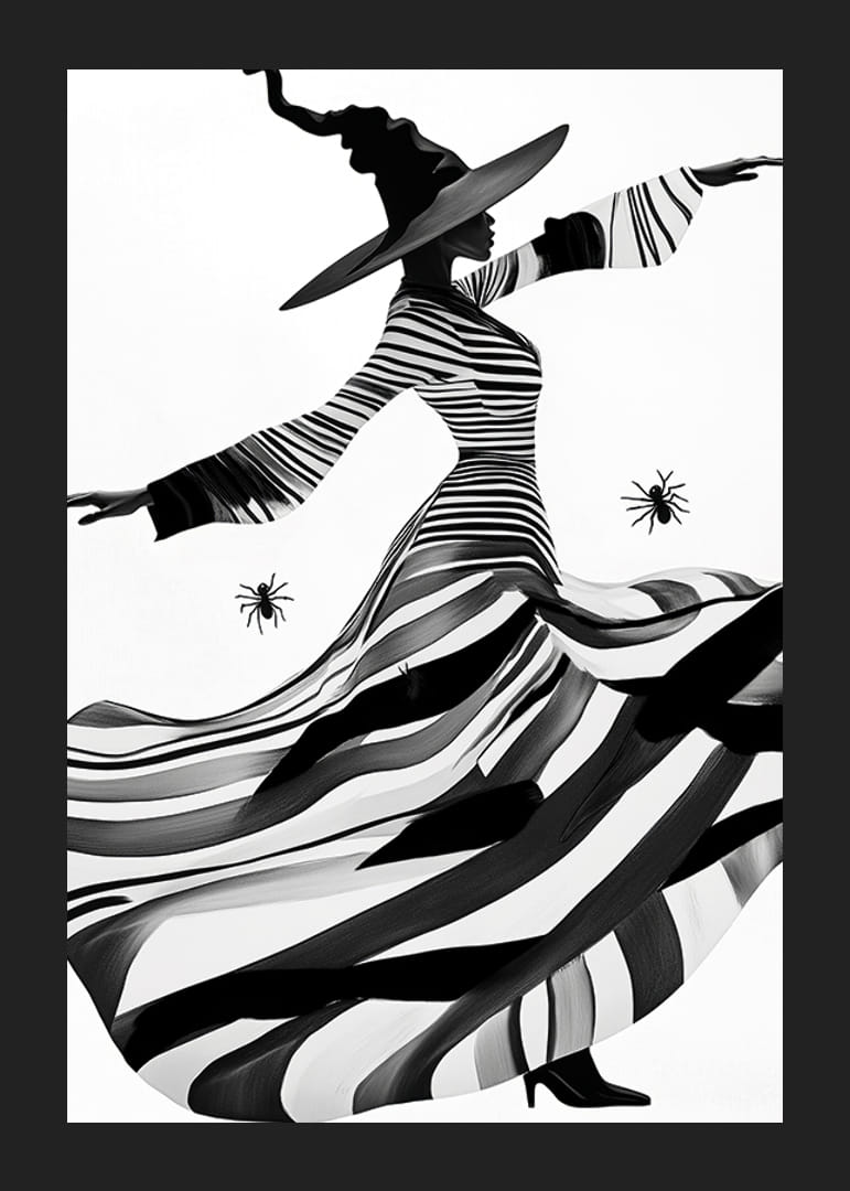 An elegant witch in black and white magically sweeps across the landscape-12