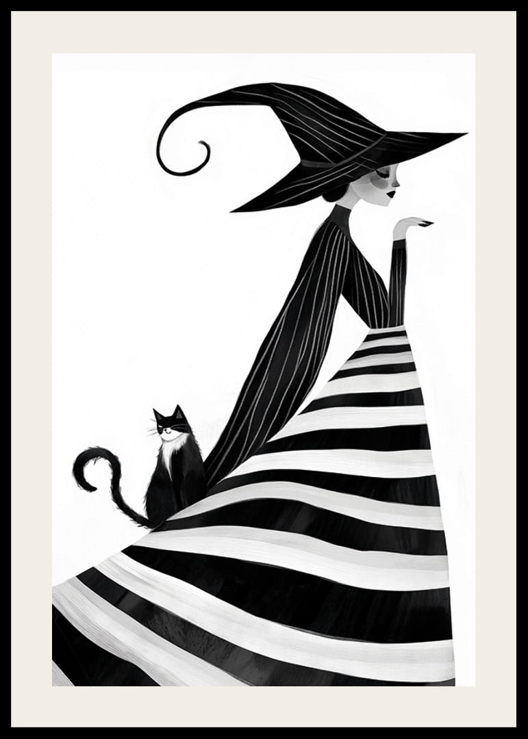 A magical poster with a black and white witch and an elegant cat-12