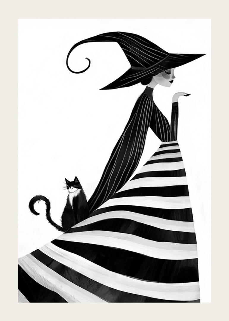 A magical poster with a black and white witch and an elegant cat-12