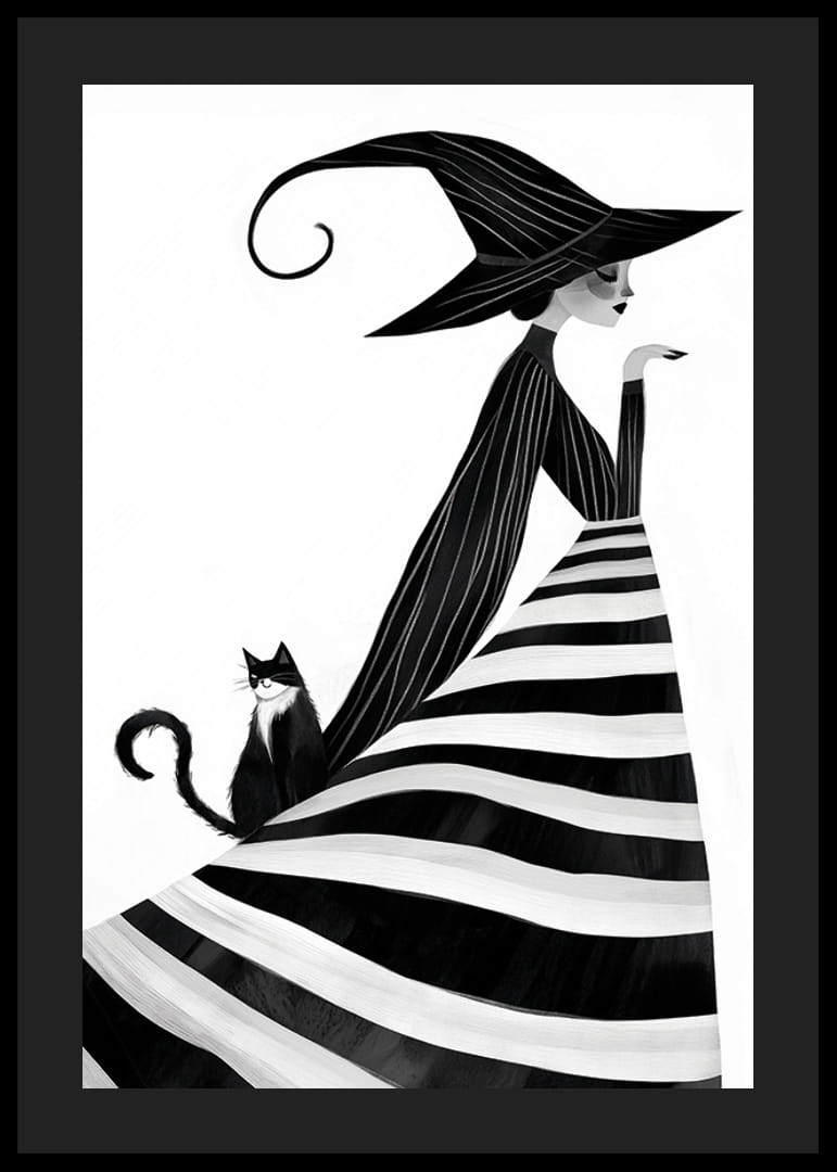 A magical poster with a black and white witch and an elegant cat-12