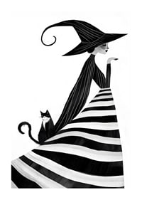 Čarovný plagát s čiernobielou čarodejnicou a elegantnou mačkou-1