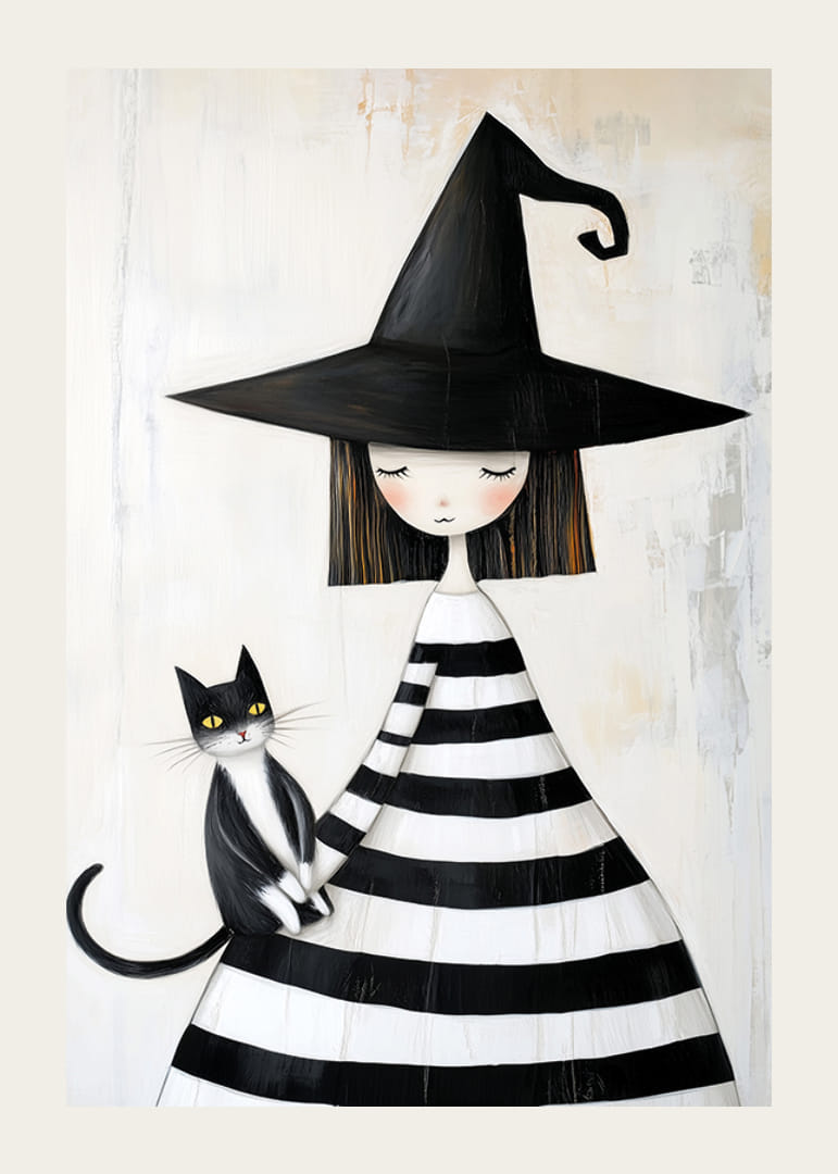Malá čarodejnica s mačkou vyjadruje pokoj a tajomstvo-12