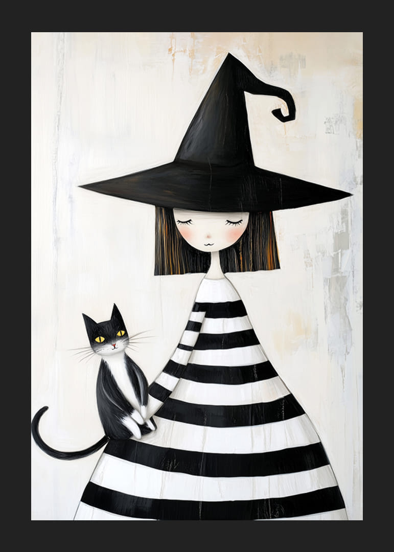 Malá čarodejnica s mačkou vyjadruje pokoj a tajomstvo-12