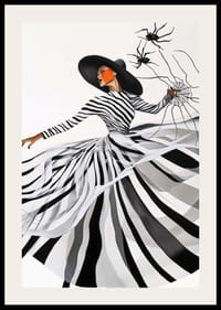 An elegant woman in a black and white dress weaves an artistic spider web-2