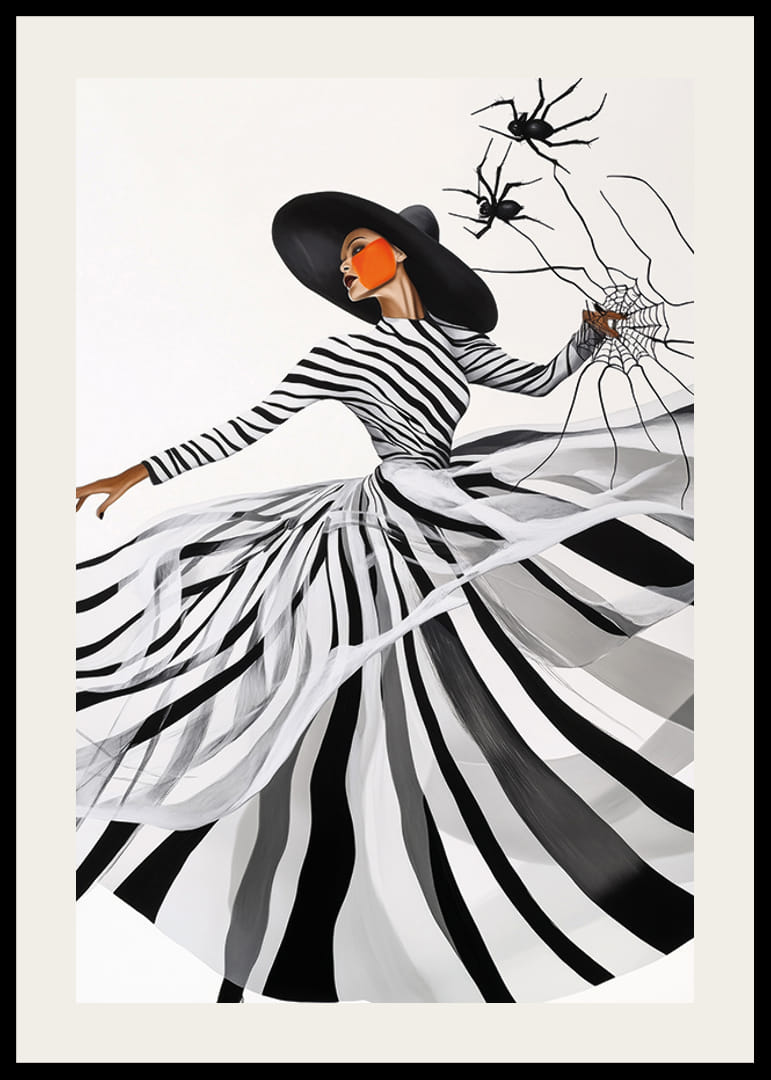 An elegant woman in a black and white dress weaves an artistic spider web-12