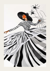 An elegant woman in a black and white dress weaves an artistic spider web-3