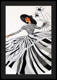 An elegant woman in a black and white dress weaves an artistic spider web-4