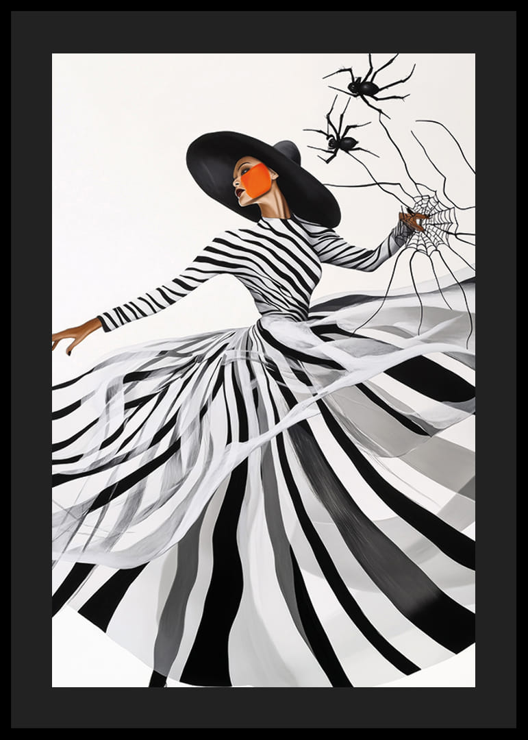 An elegant woman in a black and white dress weaves an artistic spider web-12