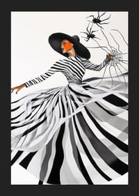 An elegant woman in a black and white dress weaves an artistic spider web-5