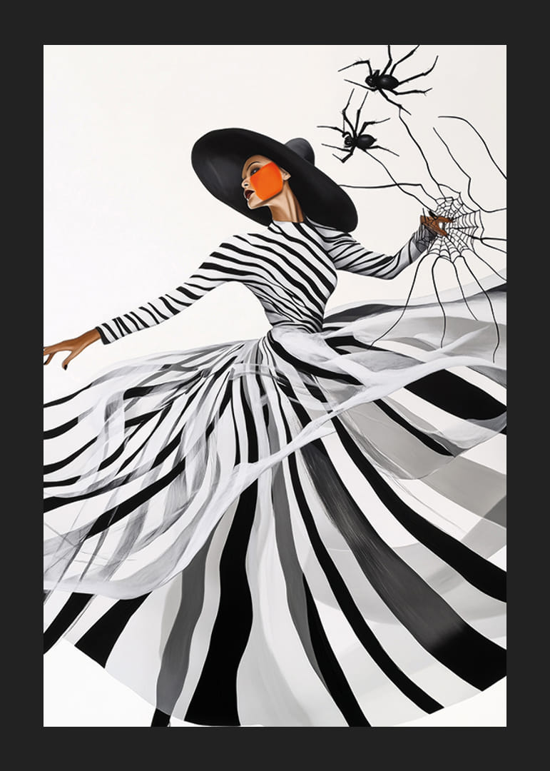 An elegant woman in a black and white dress weaves an artistic spider web-12