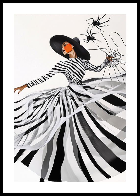 O femeie elegantă într-o rochie alb-negru țese o pânză de păianjen artistică-12