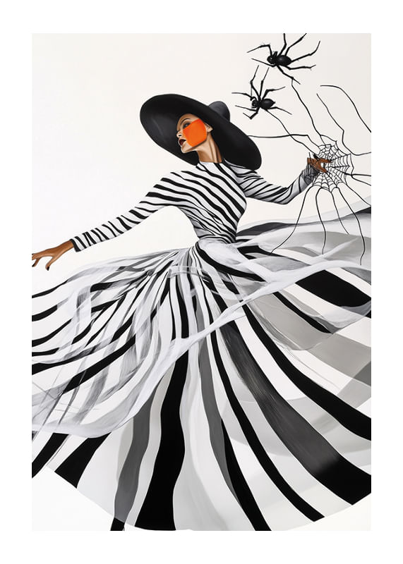 O femeie elegantă într-o rochie alb-negru țese o pânză de păianjen artistică-12