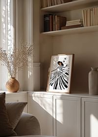 O femeie elegantă într-o rochie alb-negru țese o pânză de păianjen artistică-4