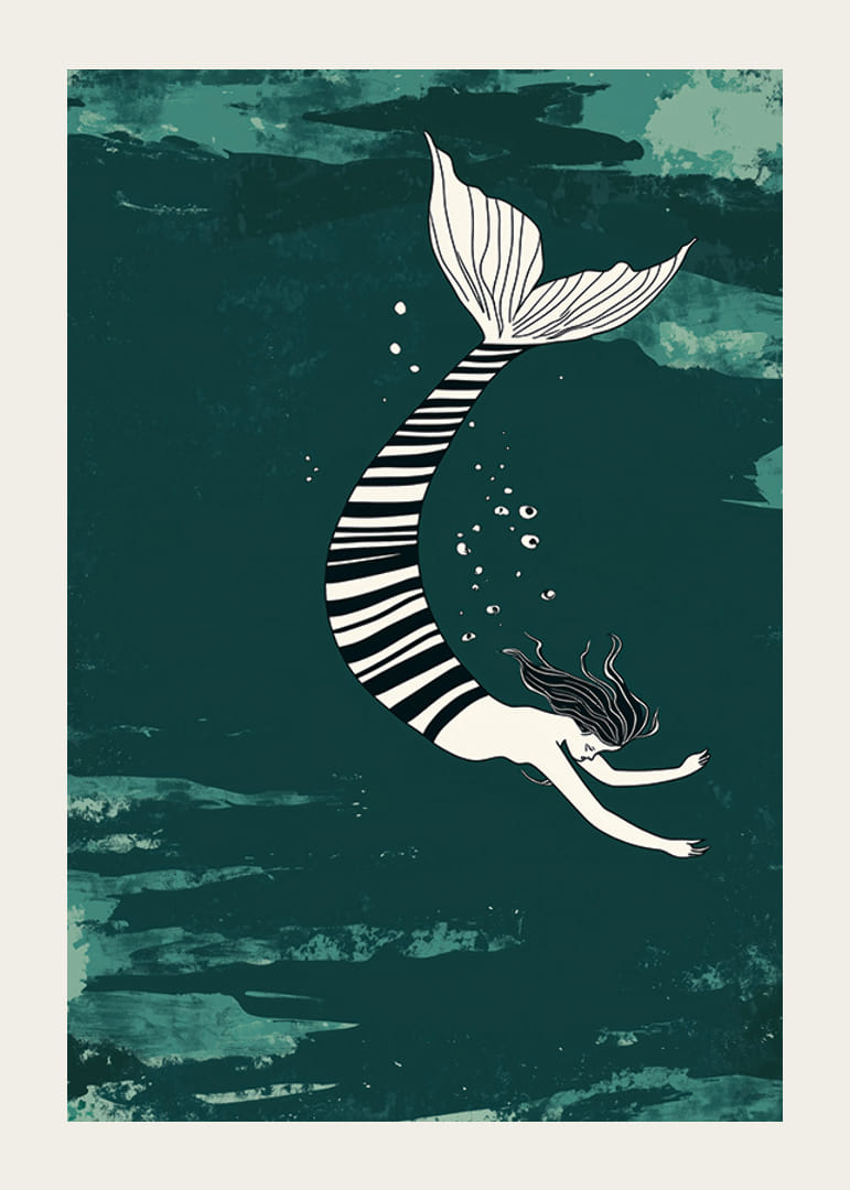 En sirene med en stripet finne flyter gjennom det dypblå havet-12