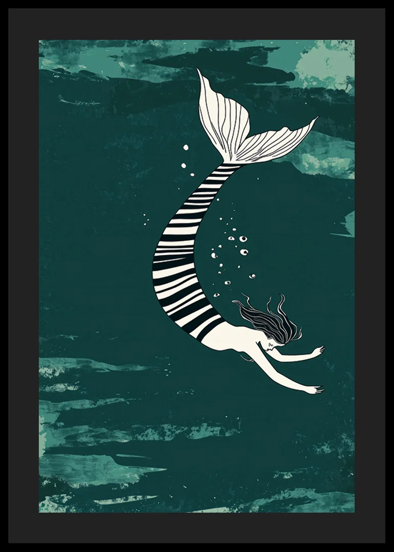 A siren with a striped fin floats through the deep blue sea-12