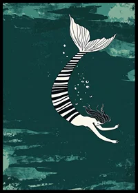 A siren with a striped fin floats through the deep blue sea-6