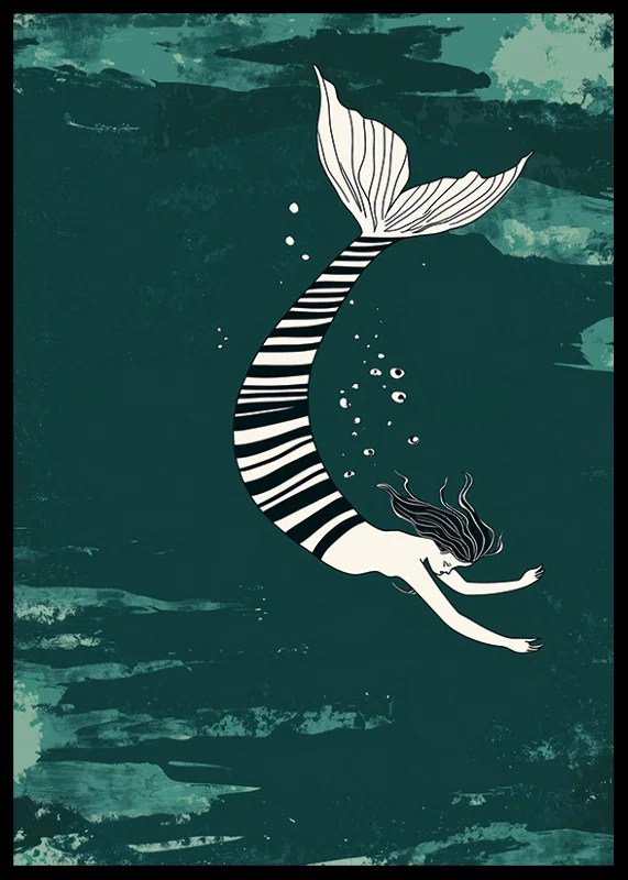 A siren with a striped fin floats through the deep blue sea-12