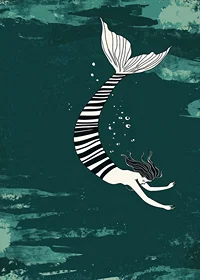 A siren with a striped fin floats through the deep blue sea-7