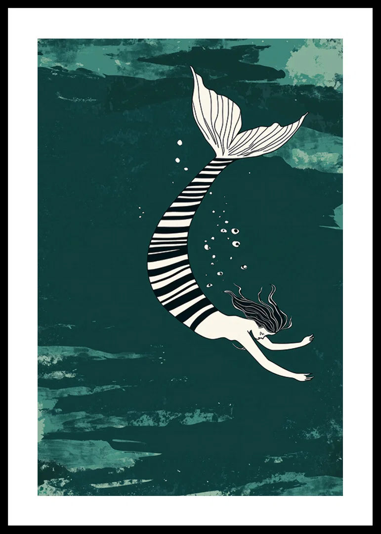 A siren with a striped fin floats through the deep blue sea-12