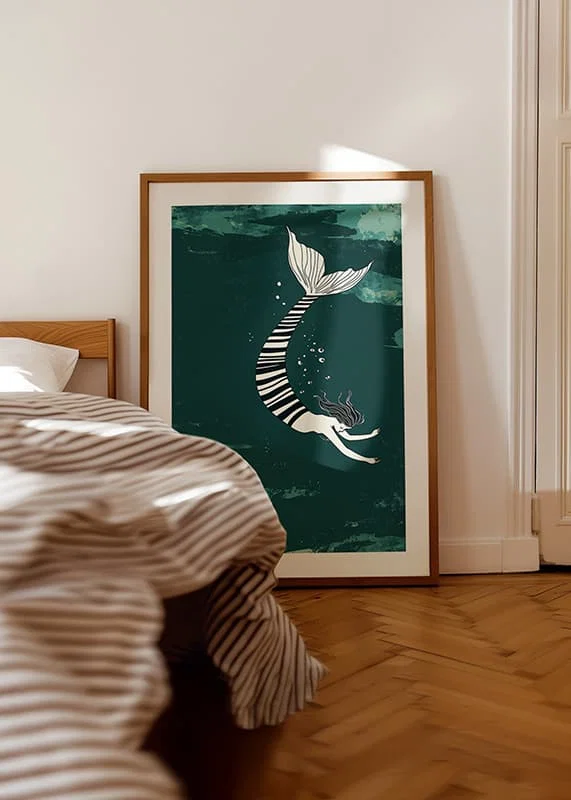 A siren with a striped fin floats through the deep blue sea-12