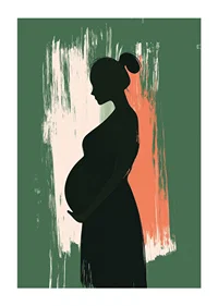 Graciös silhuett av en gravid kvinna mot en färgrik bakgrund-1