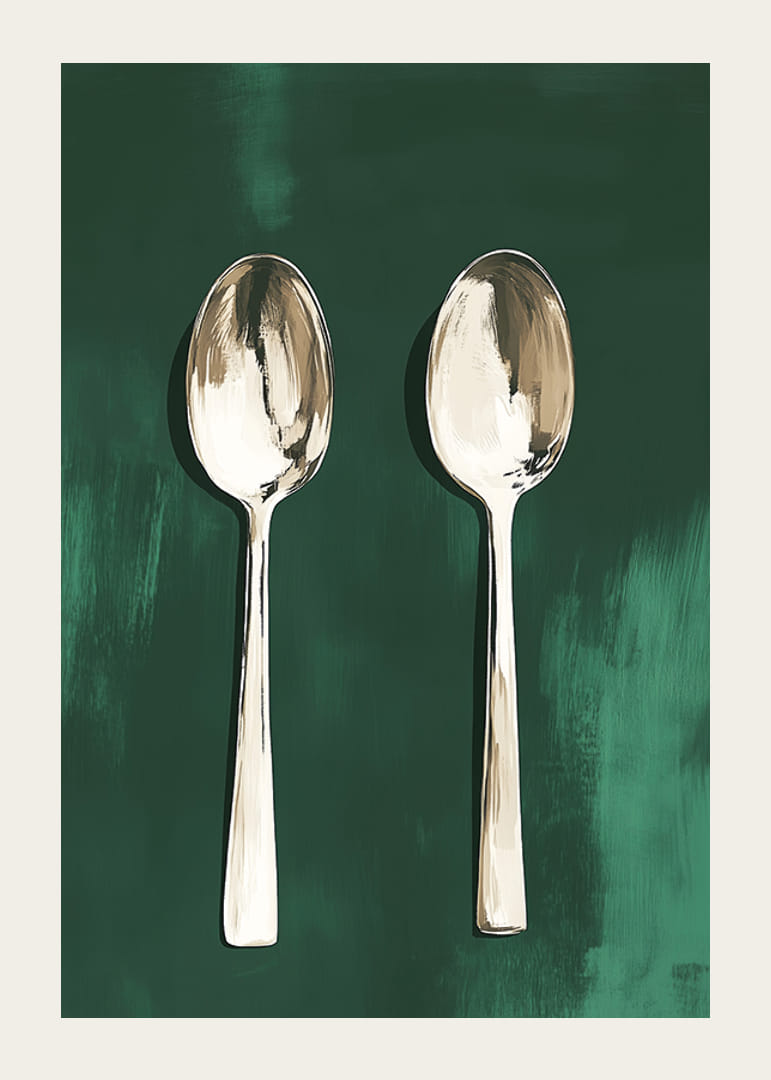 Two stylish spoons against a deep green background-12