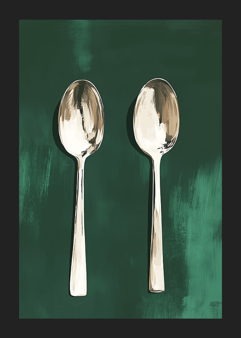 Two stylish spoons against a deep green background-12
