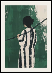 Tajomná postava uväznená v reťaziach na výraznom zelenom pozadí-2