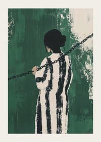 Tajomná postava uväznená v reťaziach na výraznom zelenom pozadí-3