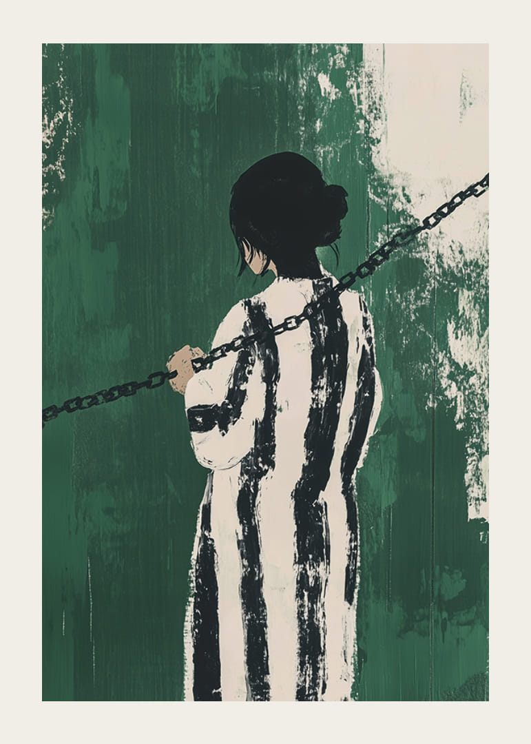 Tajomná postava uväznená v reťaziach na výraznom zelenom pozadí-12