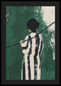 Tajomná postava uväznená v reťaziach na výraznom zelenom pozadí-4