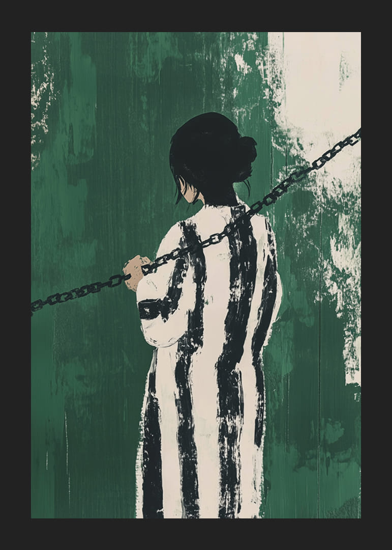 Tajomná postava uväznená v reťaziach na výraznom zelenom pozadí-12