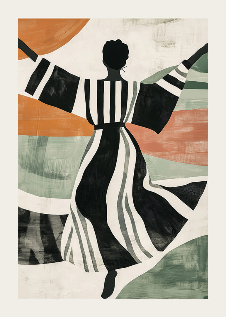 Silhouette noire et blanche dansant sur un fond coloré et abstrait-12