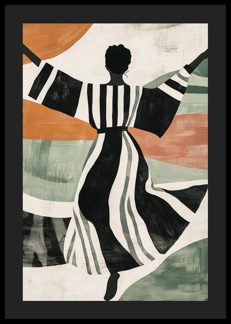 Silhouette noire et blanche dansant sur un fond coloré et abstrait-12