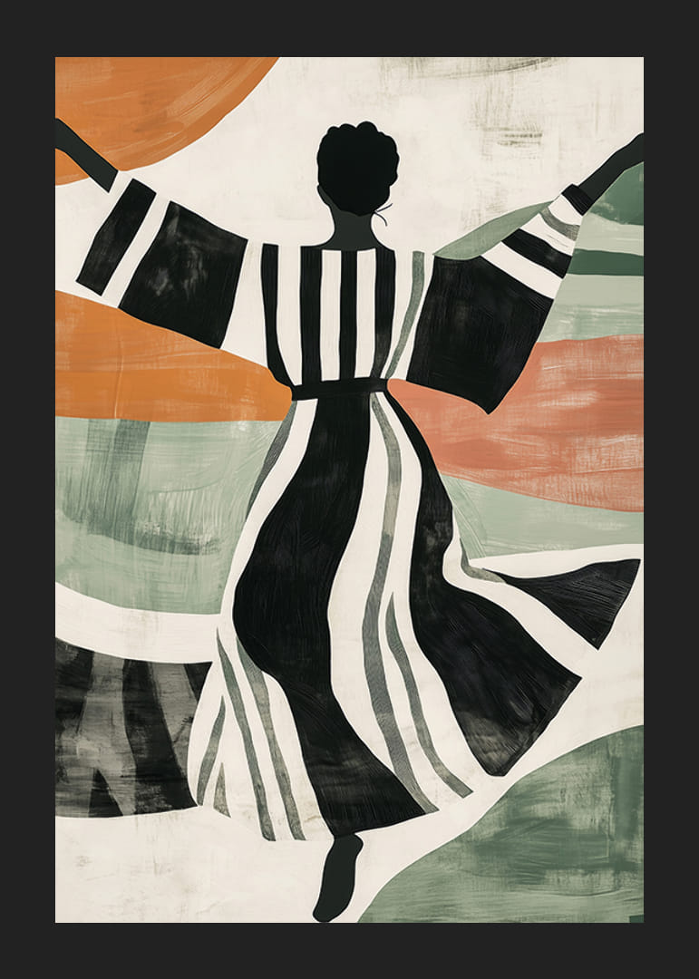 Silhouette noire et blanche dansant sur un fond coloré et abstrait-12