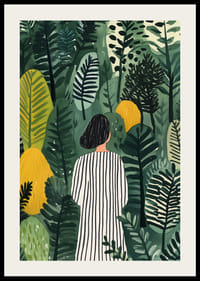 Egy csíkos ruhás nő a sűrű növényzetet fedezi fel-2